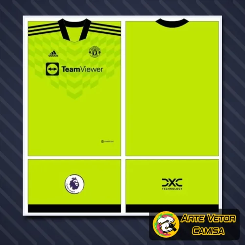 Camisa com o logo do Manchester United no peito e uma estampa grande nas costas, exibindo detalhes modernos e cores vibrantes que destacam o conceito 2024 de forma única e elegante.