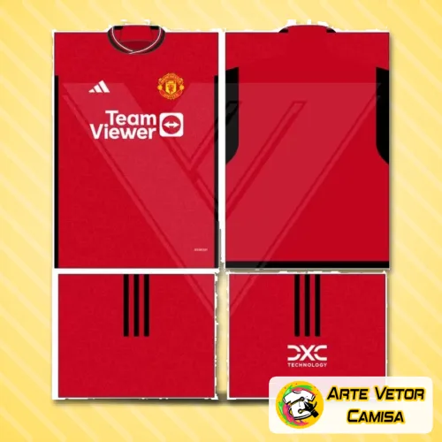 Imagem da camisa Manchester United com logo no peito em destaque e uma estampa grande nas costas que chama atenção pelo design moderno e inovador, perfeita para fãs do clube.