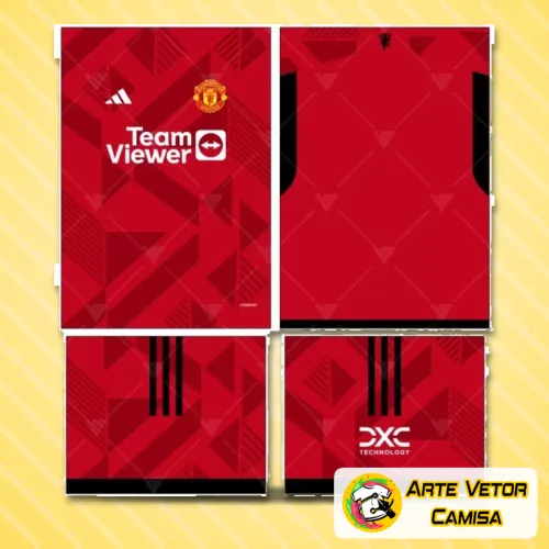 Imagem de uma camisa Manchester United com logo no peito e estampa grande nas costas, exibindo design moderno e detalhes exclusivos que destacam o conceito 2024 com cores vibrantes e acabamento sofisticado.
