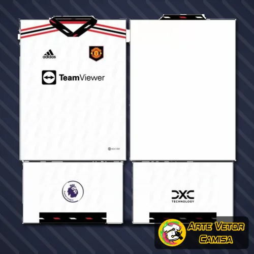Imagem da camisa com logo no peito e estampa grande nas costas, destacando a combinação de cores vibrantes e design moderno que representa o espírito do Manchester United.