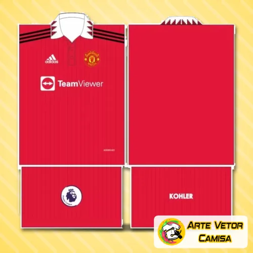 Camisa Manchester United com logo no peito destacado e estampa grande nas costas mostrando design moderno e vibrante em cores tradicionais do clube