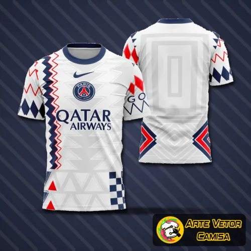 Camisa estilizada com logo no peito e estampa grande nas costas, destacando o design moderno e vibrante que representa a temporada 2023 do Paris Saint-Germain em tons marcantes e detalhes exclusivos.