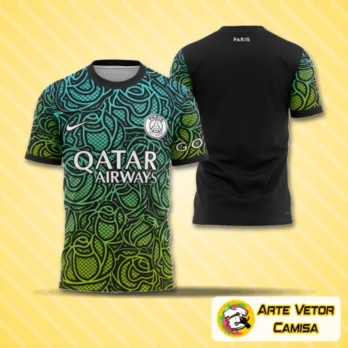 Camisa com logo no peito e estampa grande nas costas exibindo design moderno inspirado no PSG 2023, com cores vibrantes e detalhes que destacam estilo contemporâneo e atitude urbana.