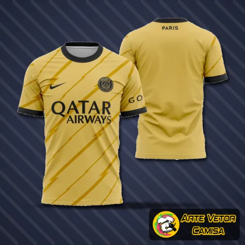Camisa com logo no peito e estampa grande nas costas em dourado, combinando estilo elegante e moderno, perfeita para destacar a paixão pelo Paris Saint-Germain com design sofisticado.