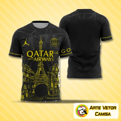 Imagem da camisa com logo no peito em destaque e estampa grande nas costas que traz um design moderno com inspiração urbana e detalhes que remetem à elegância e atmosfera de Paris.