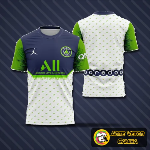 Camisa com logo no peito destacado e estampa grande nas costas que mostra design moderno do PSG 2022, combinando estilo esportivo e visual impactante com cores vibrantes e detalhes únicos.