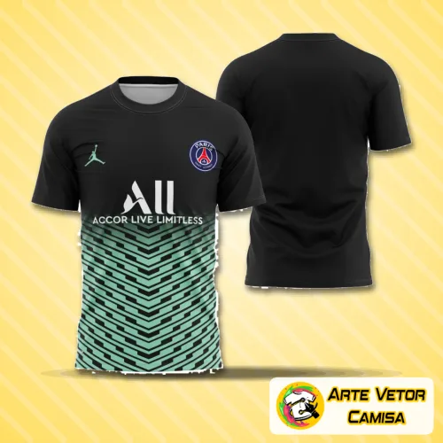 Camisa com logo no peito e estampa grande nas costas em estilo moderno e arrojado que destaca a identidade do PSG 2022 com cores vibrantes e design inovador.