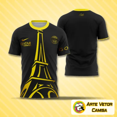 Camisa com logo no peito e estampa grande nas costas, apresentando um design moderno e arrojado inspirado no PSG 2023, com cores vibrantes e estilo esportivo marcante.