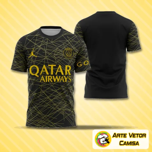 Imagem da camisa com logo no peito em destaque e estampa grande nas costas, cores vibrantes e design moderno, perfeita para fãs do PSG que buscam estilo autêntico e diferenciado.