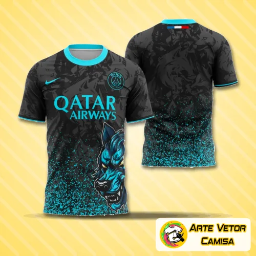 Camisa com logo no peito visível e estampa grande nas costas destacando o design inovador e moderno inspirado no PSG 2024, perfeita para expressar estilo único e apaixonado pelo futebol.
