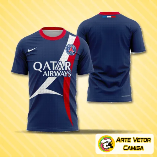 Camisa estilizada do PSG 2024 com logo no peito e estampa grande nas costas mostrando design moderno e vibrante, perfeita para quem busca autenticidade e impacto visual marcante.