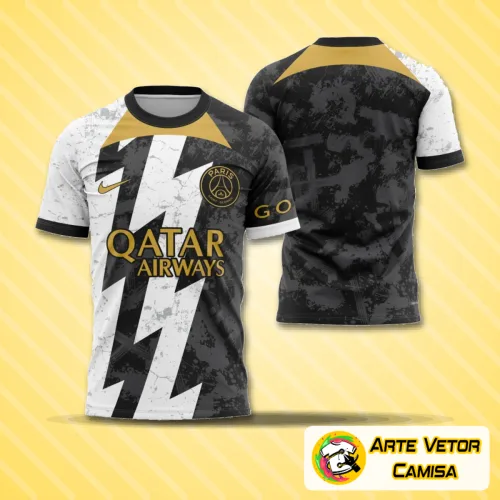 Imagem da camisa conceitual com logo no peito e estampa grande nas costas, exibindo design moderno com cores vibrantes e detalhes inspirados no estilo PSG 2023.