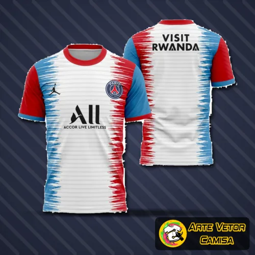 Vista frontal da camisa com logo no peito elegante e estampa grande nas costas vibrante, em cores que destacam o design moderno e esportivo para torcedores fãs do PSG.