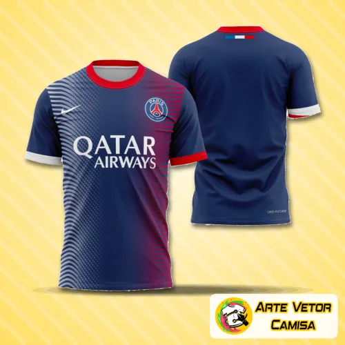 Camisa com logo no peito e estampa grande nas costas, apresentando design moderno e vibrante inspirado no estilo PSG 2024, com cores intensas e detalhes elegantes que destacam a peça