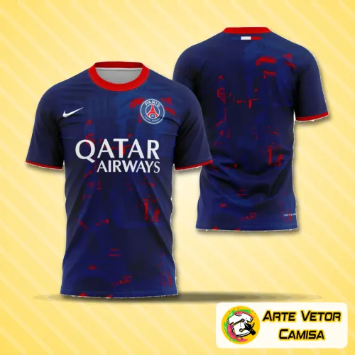 Foto da camisa com logo no peito e estampa grande nas costas, destacando um design moderno e inovador, com cores vibrantes e visual atraente que remetem ao estilo esportivo do PSG 2025.
