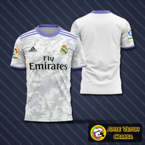 Camisa com logo no peito do Real Madrid e estampa grande nas costas exibindo design moderno e elegante inspirado no time 2023