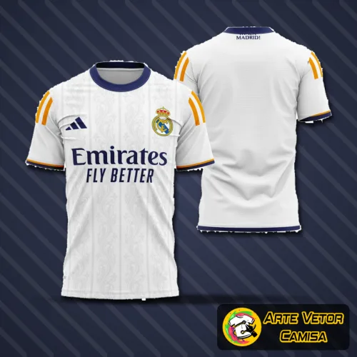 Camisa final do Real Madrid 2024 com logo no peito e estampa grande nas costas, destacando design moderno e detalhes exclusivos que capturam a essência do clube.