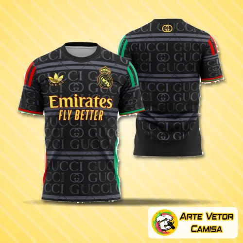 Camisa final com logo no peito do Real Madrid e estampa grande nas costas mostrando design moderno e elegante com detalhes em branco e cinza, perfeita para fãs que valorizam estilo e autenticidade.