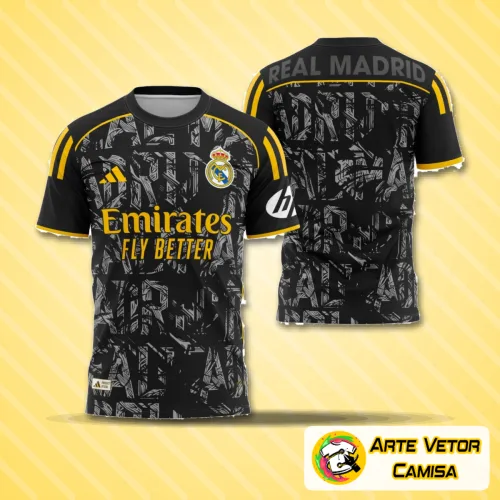 Foto da camisa do Real Madrid com logo no peito e estampa grande nas costas, destacando design inovador e cores modernas que remetem ao conceito de 2025, perfeita para quem ama futebol e estilo autêntico.