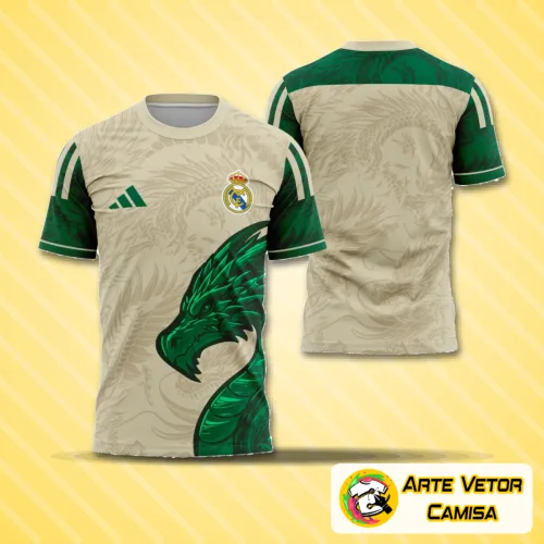 Camisa do Real Madrid estilizada com logo no peito e estampa grande nas costas destacando design inovador e cores vibrantes, ideal para fãs que buscam visual moderno e esportivo.