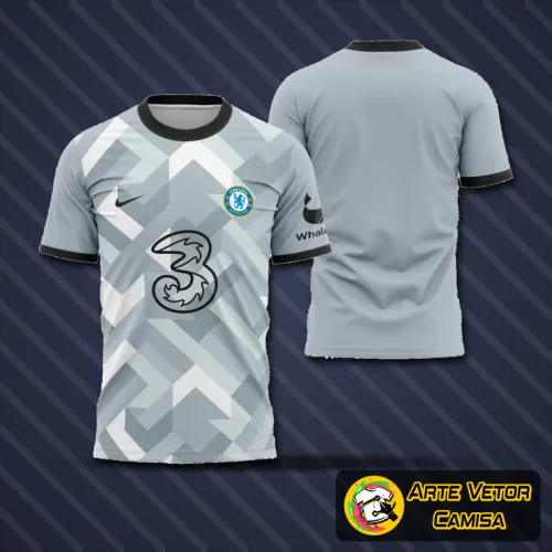 Camisa com logo no peito em destaque e estampa grande nas costas, combinando estilo moderno e design arrojado para torcedores do Chelsea 2023.