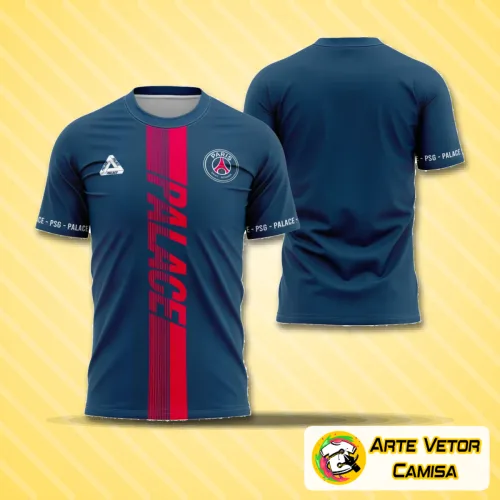 Camisa final com logo no peito bem visível e estampa grande nas costas destacando design exclusivo inspirado na parceria Psg x Palace 2019-2020.