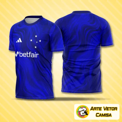 Camisa Cruzeiro com logo no peito e estampa grande nas costas em estilo moderno e vibrante, destacando cores e design arrojado para os fãs do time.