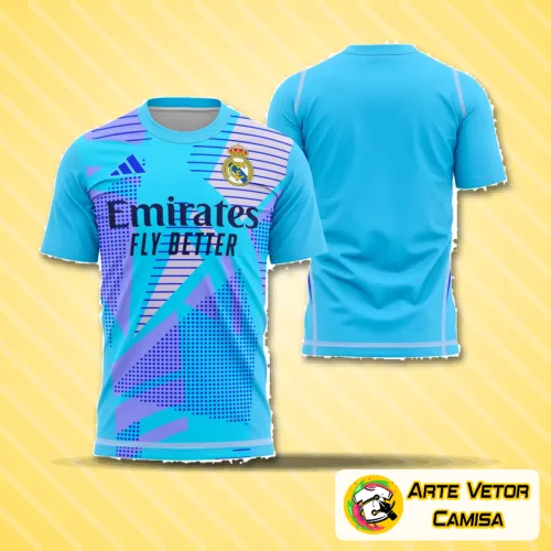 Camisa de goleiro Real Madrid 2024-2025 com logo no peito e estampa grande nas costas, destacando sua combinação moderna de cores e design arrojado, ideal para fãs e colecionadores da equipe.