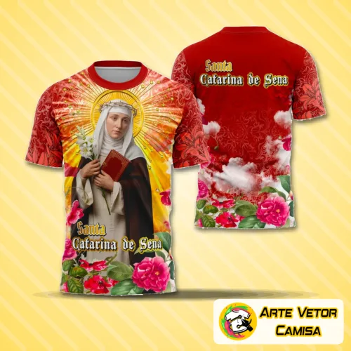 Camisa destaque com logo no peito e estampa grande nas costas, apresentando um design devocional inspirado em Santa Catarina de Sena, ideal para quem busca estilo e fé em uma peça única.