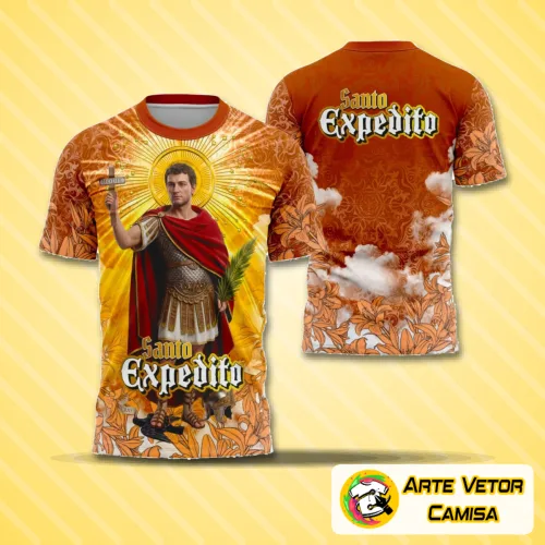 Camisa com logo no peito representando Santo Expedito e estampa grande nas costas com desenho detalhado em estilo religioso vibrante e moderno, perfeito para quem valoriza fé e identidade.
