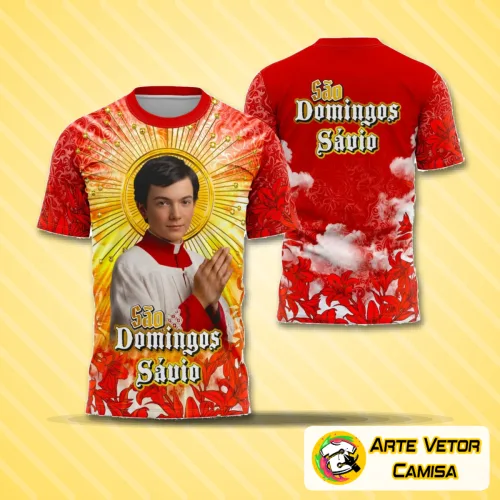 Camisa com logo no peito representando São Domingos Sávio e estampa grande nas costas com ilustração detalhada ligada à religião, estilo devocional elegante e marcante para ocasiões especiais e uso diário.