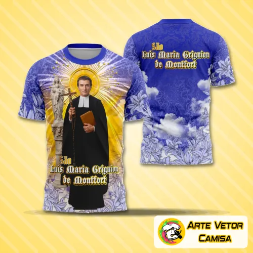 Camisa com logo no peito e estampa grande nas costas destacando a figura de São Luís Maria Grignion de Montfort, design religioso e estilo único para inspirar fé e devoção em cada detalhe.