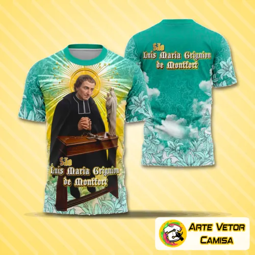 Camisa com logo no peito que destaca São Luís Maria Grignion de Montfort e estampa grande nas costas com design religioso em cores sóbrias e detalhes que simbolizam fé e devoção
