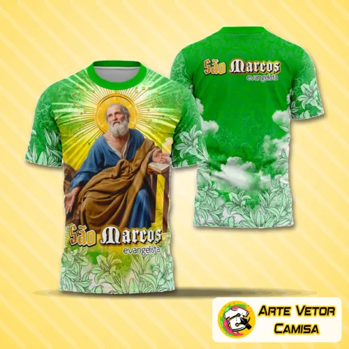 Camisa com logo no peito destacando símbolo religioso e estampa grande nas costas com ilustração de São Marcos Evangelista, em estilo expressivo e cores vibrantes, perfeita para demonstração de fé e identidade.