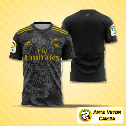 Imagem da camisa com logo no peito e estampa grande nas costas apresentando um dragão estilizado em movimento, em design moderno e cores vibrantes, destacando-se como peça única de destaque.