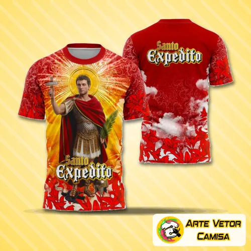 Camisa com logo no peito e estampa grande nas costas apresentando uma arte detalhada do Santo Expedito, em estilo religioso vibrante e moderno, ideal para quem valoriza fé e tradição.