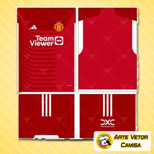 Camisa final com logo no peito e estampa grande nas costas, apresentando design moderno e cores vibrantes que remetem ao estilo tradicional do Manchester United para 2024, perfeito para os fãs do clube.