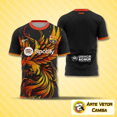 Camisa com logo no peito e estampa grande nas costas exibindo design inspirado em Barcelona 2024, estilo moderno e marcante em cores vibrantes, perfeita para quem busca exclusividade e atitude no visual.