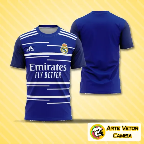 Foto da camisa com logo no peito e estampa grande nas costas exibindo design inspirado na visita do Real Madrid de 2022, combinando detalhes modernos e estilo esportivo marcante.