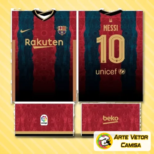 Camisa FC Barcelona com logo no peito e estampa grande nas costas exibindo detalhes vibrantes e cores tradicionais do time, perfeita para fãs de futebol e colecionadores de designs exclusivos.