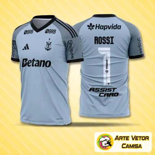 Camisa do Flamengo para goleiro exibindo o logo no peito com uma estampa grande nas costas que destaca o design oficial para a temporada 2026-27, com cores vibrantes e detalhes modernos.