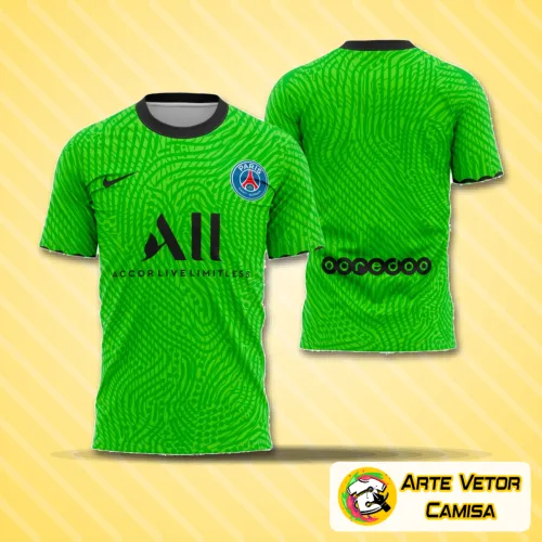 Camisa estilizada do goleiro do PSG 2020-2021 com logo no peito e estampa grande nas costas, destacando o design moderno e cores vibrantes do uniforme emblemático.