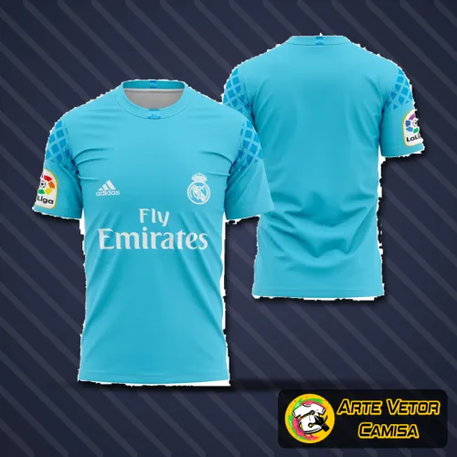 Camisa de goleiro do Real Madrid temporada 2016-2017 com logo no peito e estampa grande nas costas em destaque, apresentada em fundo neutro, mostrando detalhes da cor e design autênticos.