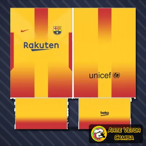 Camisa final com logo no peito e estampa grande nas costas, mostrando detalhes vibrantes que remetem ao estilo único do Barcelona, com cores marcantes e design moderno criando um visual autêntico e impactante.