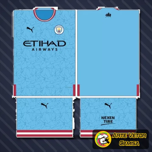 Camisa com logo no peito e estampa grande nas costas, design moderno inspirado no estilo Manchester City 2024, exibindo cores vibrantes e detalhes sofisticados em uma composição harmoniosa.