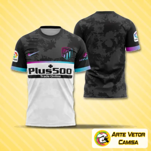 Camisa com logo no peito e estampa grande nas costas, nas cores vibrantes do Atlético de Madrid 2022, destacando detalhes modernos e visual arrojado que representa o espírito do time.