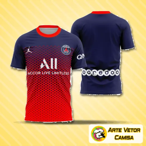 Foto da camisa com logo no peito bem visível e estampa grande nas costas, mostrando design moderno e elegante em cores do PSG 2022.