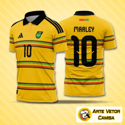 Camisa Jamaica com logo no peito e estampa grande nas costas, mostrando as cores vibrantes e detalhes únicos que destacam a identidade da seleção jamaicana em design moderno e atraente.