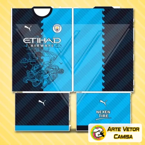 Camisa Manchester City com logo no peito e estampa grande nas costas em design moderno e marcante, combinando cores vibrantes que destacam cada detalhe da peça.