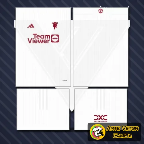 Imagem da camisa do Manchester United com logo no peito e estampa grande nas costas destacando o design exclusivo de 2024 em cores vibrantes e detalhes modernos.